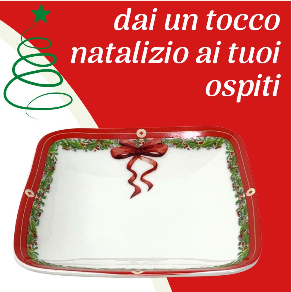 Piatto quadrato natalizio 12cm x 12cm, svuotatasche di natale in porcellana fantasia fiocco e vischio per tavola