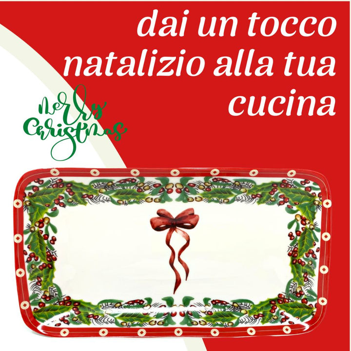 Vassoio rettangolare natalizio in porcellana 24cm x 13cm, fantasia fiocco e vischio