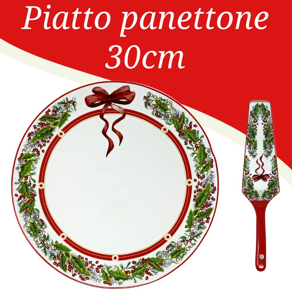 Piatto panettone natalizio 30cm con paletta pala in porcellana fantasia fiocco natale vischio