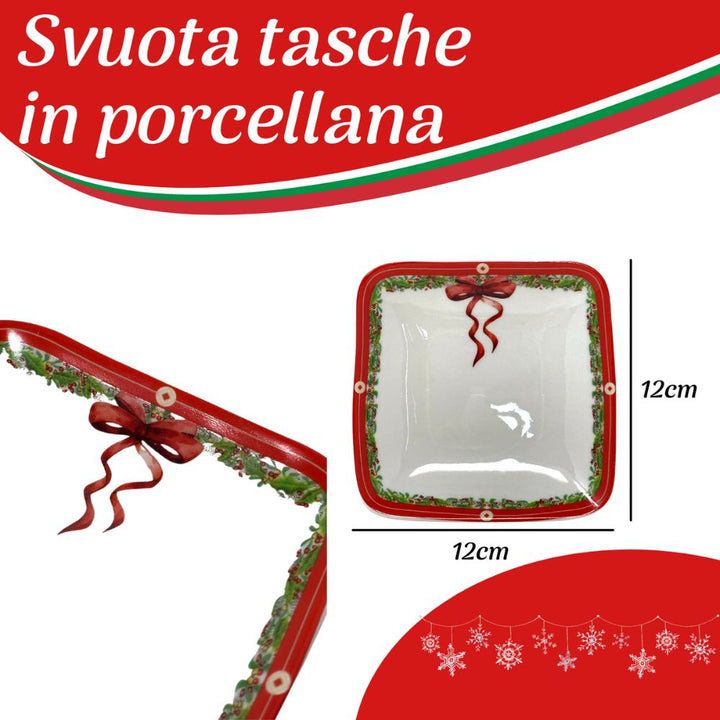 Piatto quadrato natalizio 12cm x 12cm, svuotatasche di natale in porcellana fantasia stampa fiocco e vischio