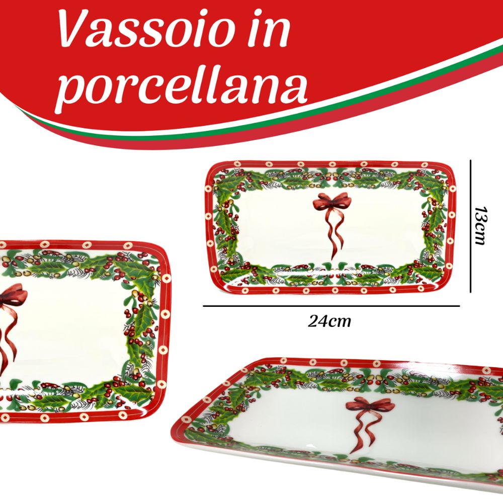 Vassoio rettangolare natalizio in porcellana 24cm x 13cm, fantasia fiocco e vischio tavola natale