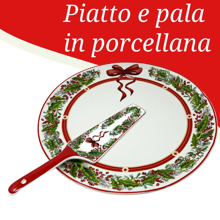 Piatto panettone natalizio e dolci 30cm con paletta in porcellana fantasia fiocco natale vischio