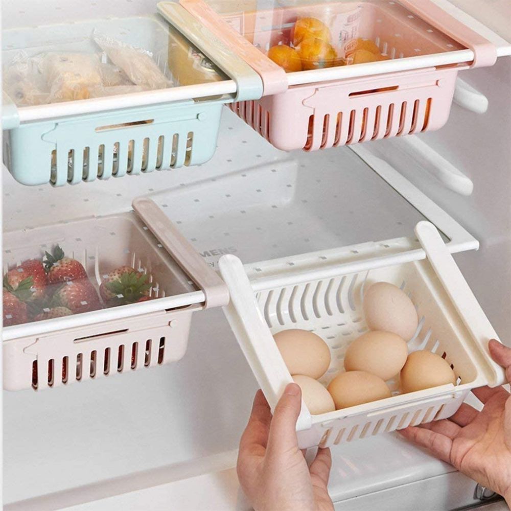 Organizzatore cucina 4 pezzi, contenitori frigorifero estendibili, vari colori, per uova, alimenti vari, frutta, verdura