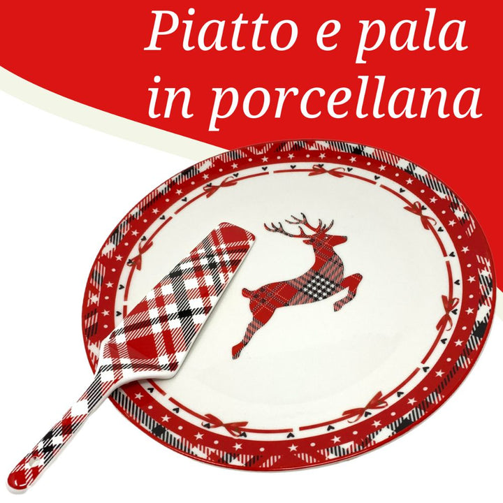 Piatto panettone natalizio 30cm con paletta in porcellana fantasia renna addobbi