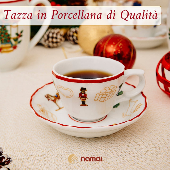Set di 2 Tazzine Caffe Con Piattino Natalizie, Porcellana Resistente, 60 ML, Adatte In Lavastoviglie e Microonde