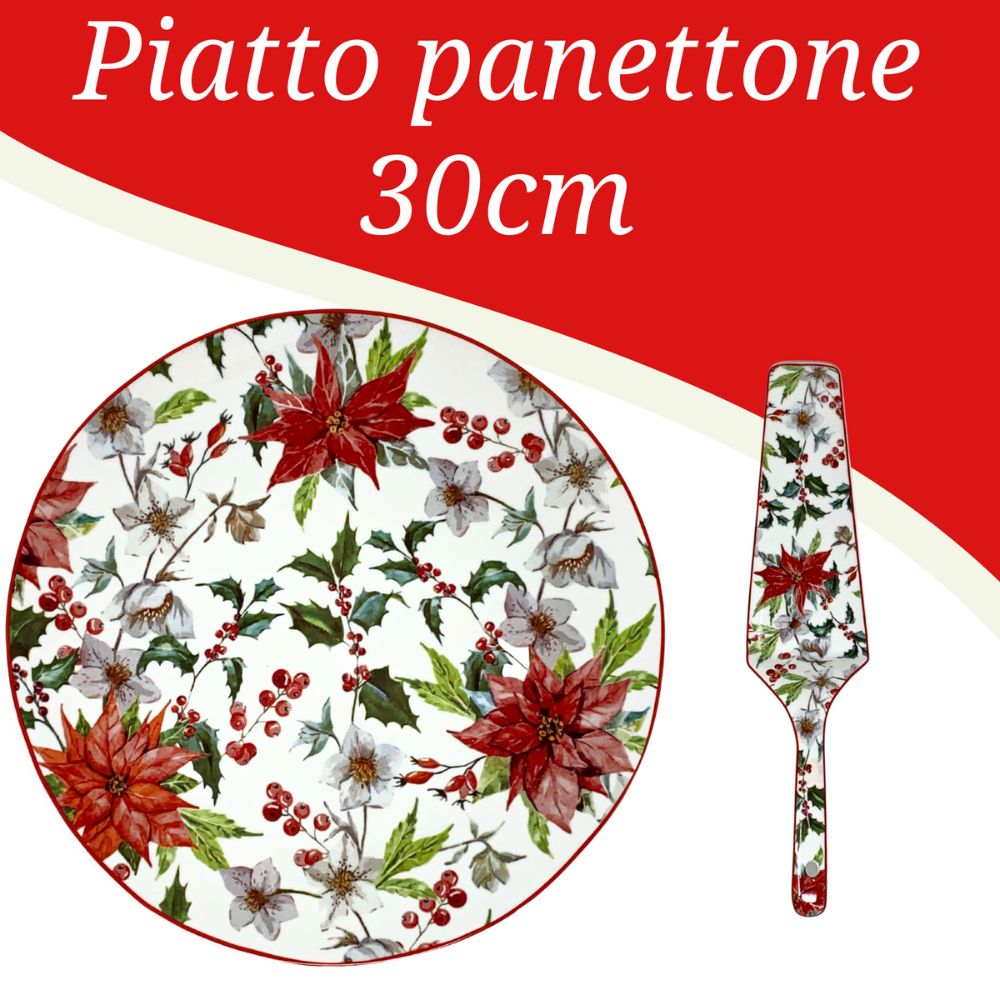 Piatto panettone natalizio 30cm con paletta in porcellana fantasia vischio natale