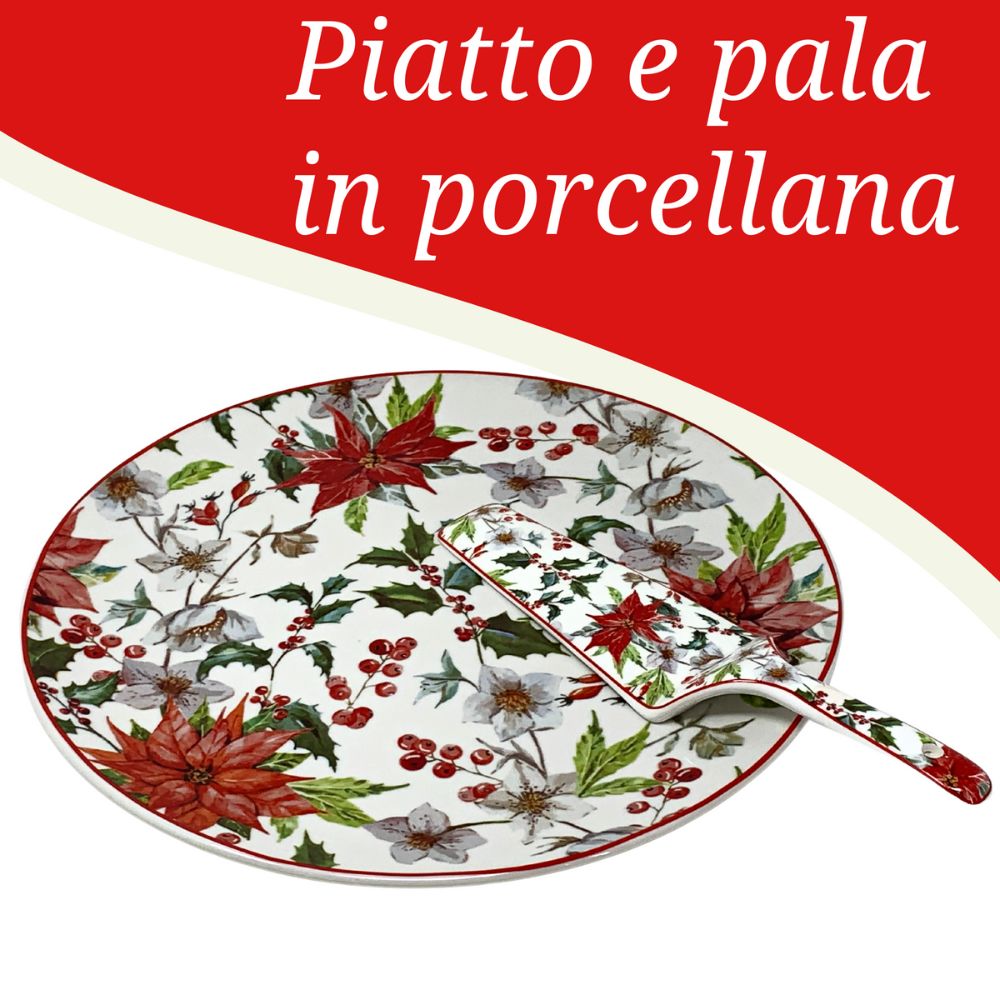Piatto panettone natalizio e dolci 30cm con paletta pala in porcellana fantasia vischio